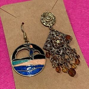 Mismatched Vintage Cloisonne & Chandelier Earrings